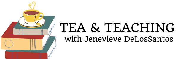 Tea and Teaching with Jenevieve DeLosSantos logo with stack of books and a steaming cup of coffee